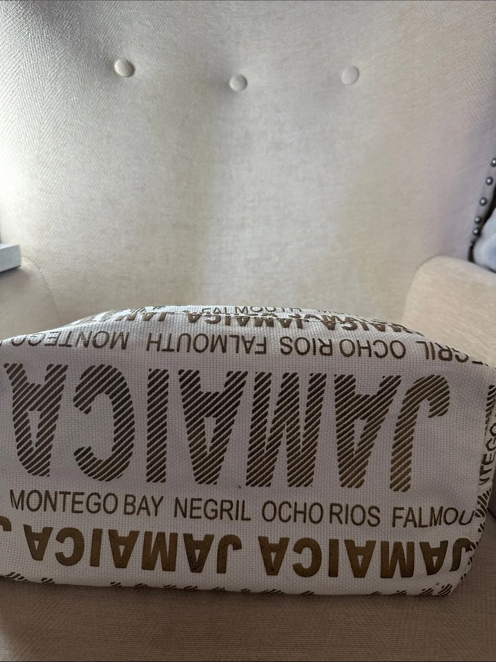 Jamaica Print Canvas Tote Bag in White and Brown